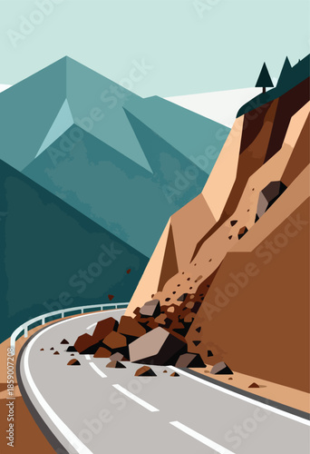 Rocky mountain road blocked by landslide