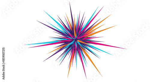 Vibrant abstract explosion of colorful sharp spikes emanating from a central point against a white background, symbolizing energy.