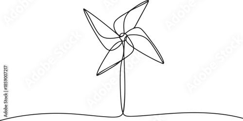 Black and white line art of a children's toy with curved blades and a stick handle. 