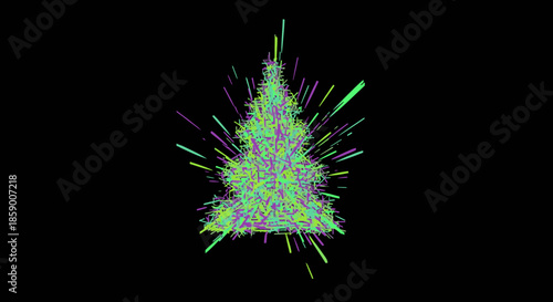 Abstract vibrant green and purple particles explode outwards forming a stylized Christmas tree shape on a black background.