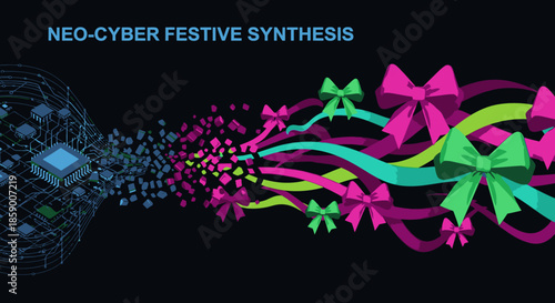 Futuristic digital synthesis merges technology with vibrant festive ribbons and bows, creating a unique cyber celebration.