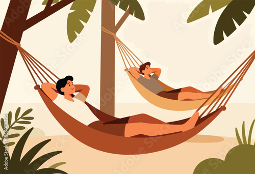 Two individuals relax peacefully in hammocks suspended between trees