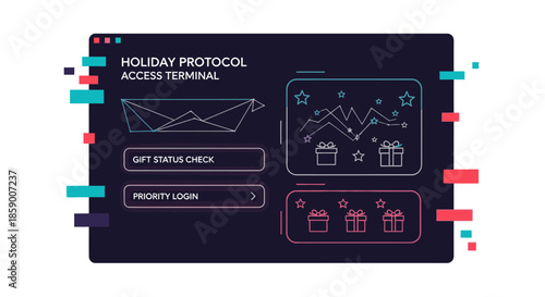 Digital interface displays holiday protocol access terminal with gift status check and priority login options.