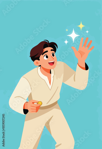 Young man in neutral clothing holds coin, looking up at bright stars