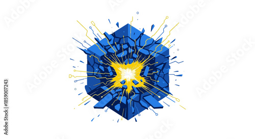Abstract explosion of a blue geometric shape revealing a bright yellow nucleus with radiating energy lines on a white background.