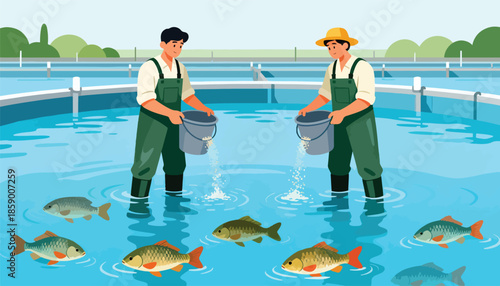 Two workers feed fish in a clear blue pond, surrounded by lush green hills