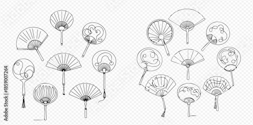 Set of hand-drawn traditional Japanese and Chinese fans, including folding and round shapes, with various patterns and tassels, in black and white outline style.
