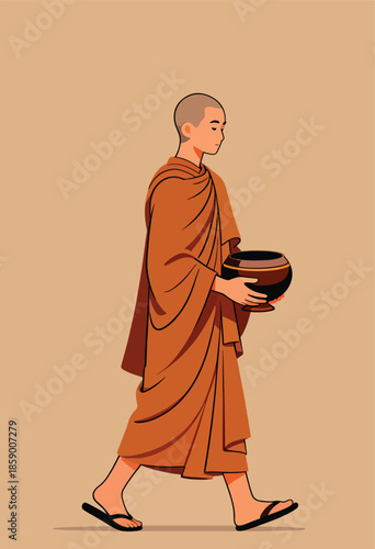 Monastic figure in saffron robes walks, carrying a begging bowl