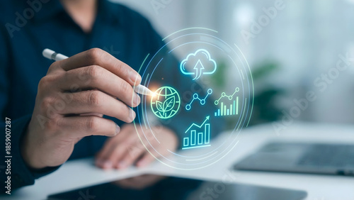 Hand Using Stylus to Interact with CO2 Emissions Dashboard Hologram: Carbon Tracking and Green Technology Analytics Concept