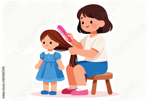 Girl combing doll's hair, a tender scene of childhood play and care