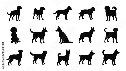 Collection of diverse dog silhouettes in black and white showcasing various breeds and poses