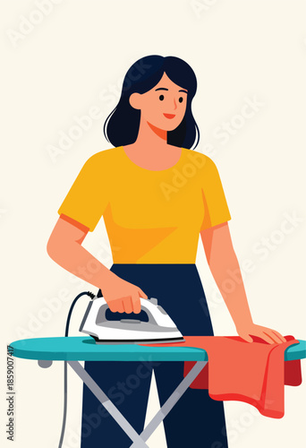 A woman ironing clothes on an ironing board in a minimalist style