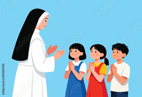 Nun teaching three children to pray with hands clasped