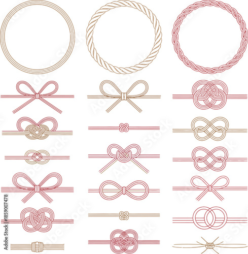 A collection of traditional japanese decorative mizuhiki knots and rope illustrations