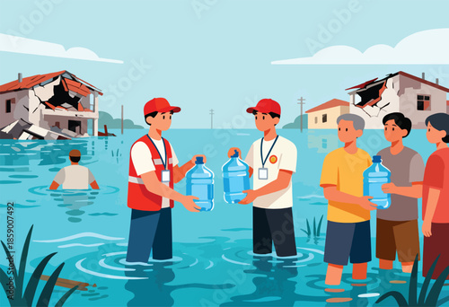 Rescuers in floodwaters distribute water bottles to affected residents near damaged homes