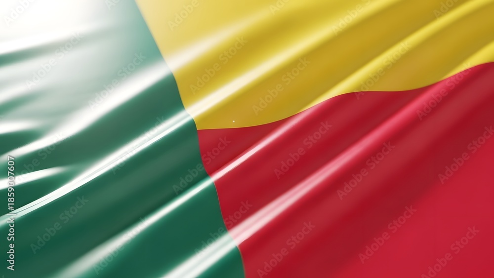 Obraz premium Close-up view of the national flag of Benin waving with a glossy, silky texture, showcasing its vibrant green, yellow, and red colors.