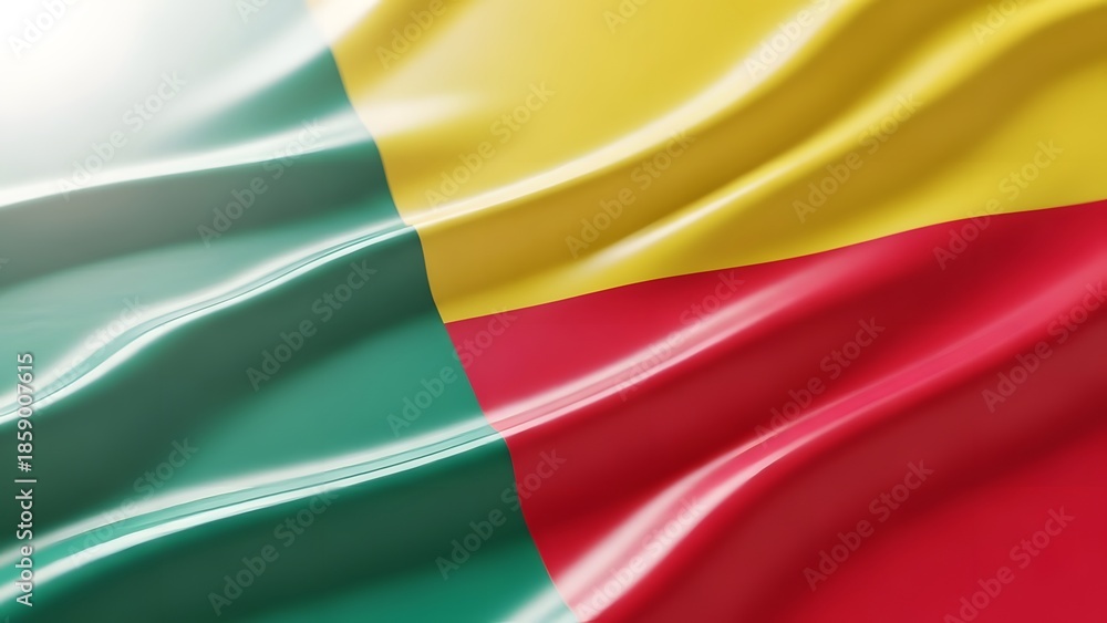 Obraz premium Waving flag of Benin with vibrant green, yellow, and red colors, showcasing a glossy, silky texture and dynamic folds under bright light.