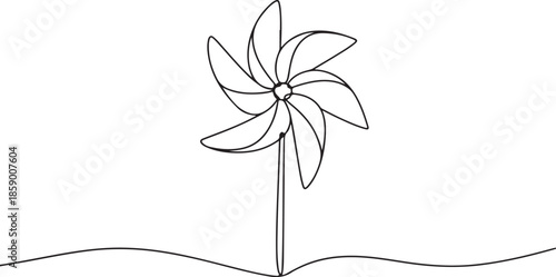 A continuous line drawing of a pinwheel or toy windmill.