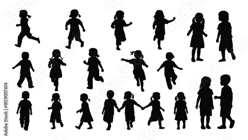 Silhouettes of children playing and running a collection of youthful energy depicted in black