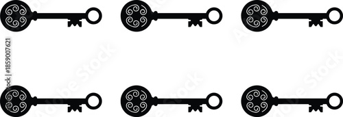 Vintage decorative key silhouettes set with ornate circular heads, classic antique keys, isolated black vector illustration collection for design