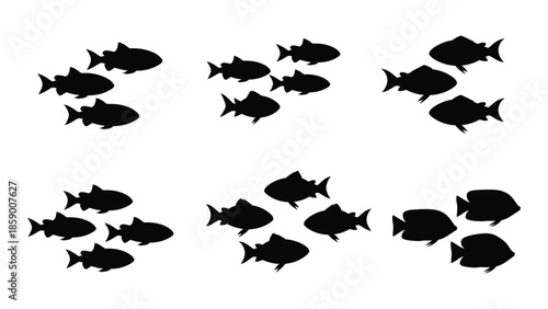 Simple black silhouettes of various sized fish swimming in a scattered formation