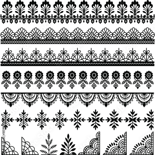 A set of beautiful intricate black and white decorative borders and lace patterns