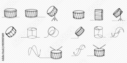 Set of continuous line drawings of drums, percussion instruments, and musical notes in various styles.