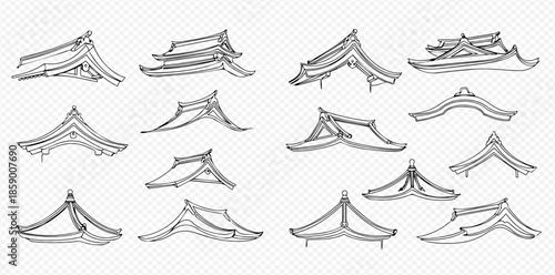 Set of Hand-Drawn Japanese Roofs, Traditional Asian Temple Architecture Elements, Sketch Style Vector Illustration.
