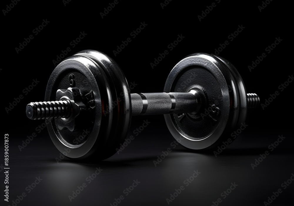 Naklejka premium A black metal dumbbell isolated on a dark background with dramatic lighting. Strong and minimal fitness concept suitable for gym,