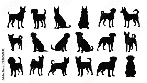 Collection of diverse dog silhouettes in various poses and breeds displayed neatly
