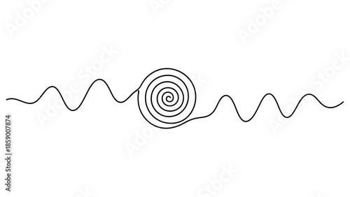 A single continuous line drawing depicts a spiral in the center with wavy lines extending outwards on both sides.
