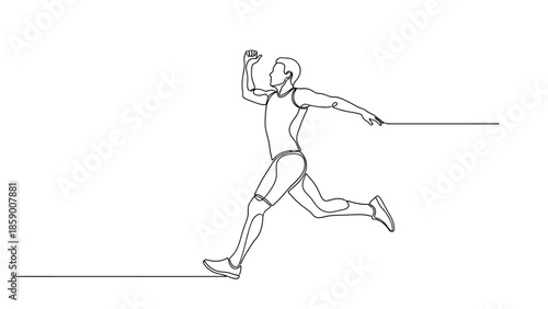 A minimalist line drawing depicts an athlete in motion, mid-throw during a track and field event.