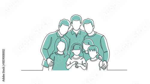 A minimalist line art illustration depicts a diverse group of six people, including adults and children, posing together in a unified embrace.