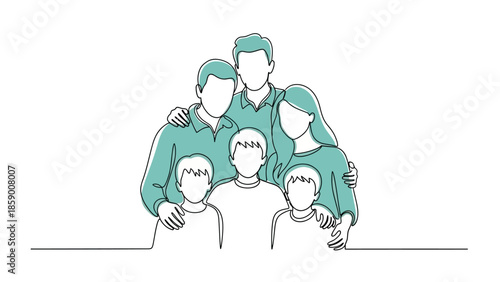 A minimalist line art illustration depicts a loving family of five, with parents embracing their three young children in a warm, unified pose.