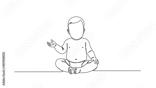 A simple line drawing of a baby sitting cross-legged with one hand raised.