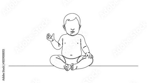 A simple line drawing of a baby sitting cross-legged and waving with one hand.
