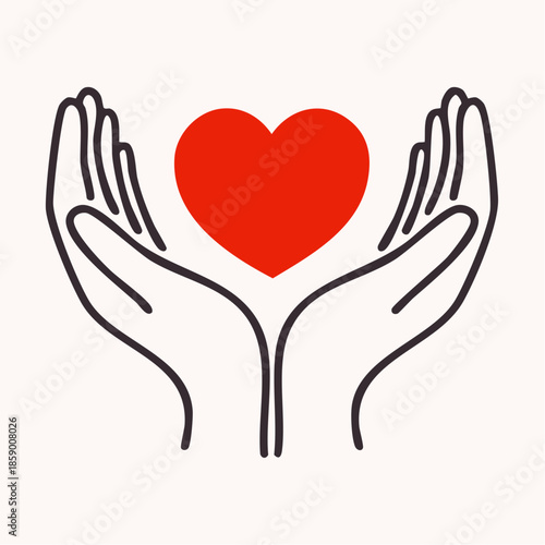 A pair of cupped hands gently cradles a bright red heart, symbolizing care, love, and compassion