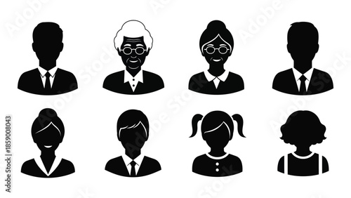 Diverse group of black silhouettes depicting people with varying hairstyles and ages