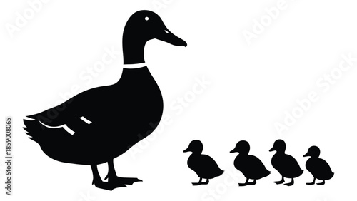 A mother duck leads her four ducklings in a simple black and white silhouette