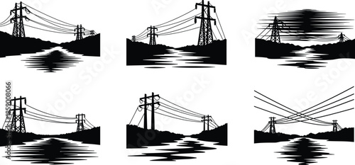 Set of electricity transmission power lines and pylons landscape silhouettes across river and hills for industrial energy infrastructure design elements,