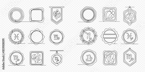 Set of various zodiac sign icons and frames in a continuous line art style, perfect for astrology and horoscope designs.