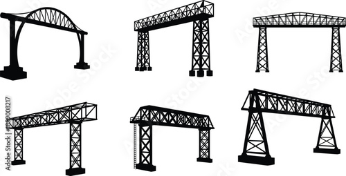 Set of heavy industrial gantry crane and bridge structure silhouettes for construction engineering logistics and manufacturing factory infrastructure design elements,