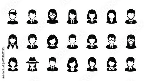 Collection of diverse simplified black silhouette icons representing various people and headwear
