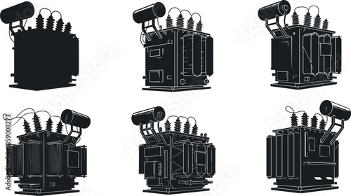 Set of high voltage electrical transformer silhouettes for power substation energy distribution and industrial electricity infrastructure maintenance isolated on white background.