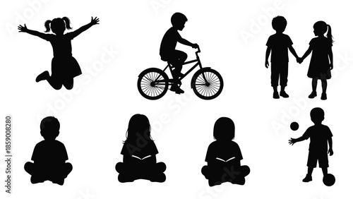 Silhouettes of children engaged in various playful activities jumping cycling and playing ball