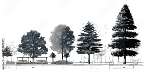 다양한 종류의 나무와 벤치가 있는 투명한 풍경 일러스트레이션