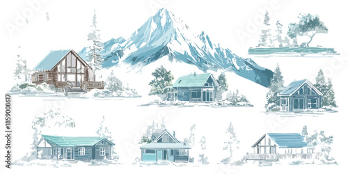 눈 덮인 산과 그림 같은 오두막집들의 평화로운 겨울 풍경 일러스트 모음