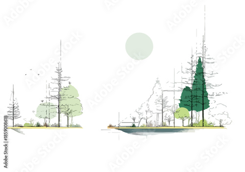 투명한 질감의 수채화 스타일로 표현된 숲과 나무, 그리고 잔잔한 호수 풍경