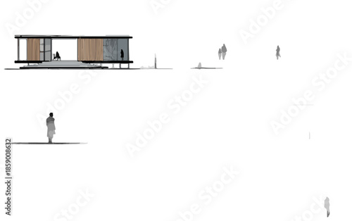 현대 건축 디자인의 투명성을 강조한 미니멀리스트 건물과 사람들의 모습