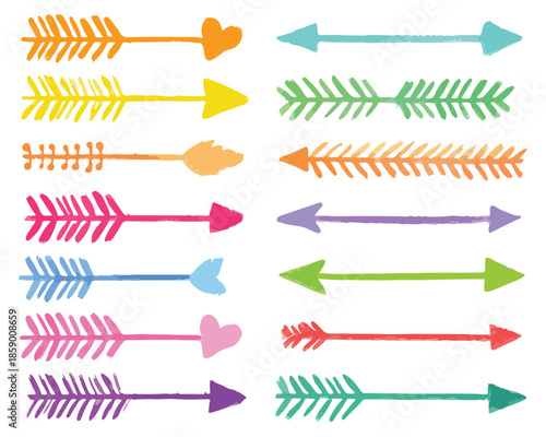 다채로운 색상의 수채화 화살표 세트, 투명한 배경에 귀여운 디자인 요소
